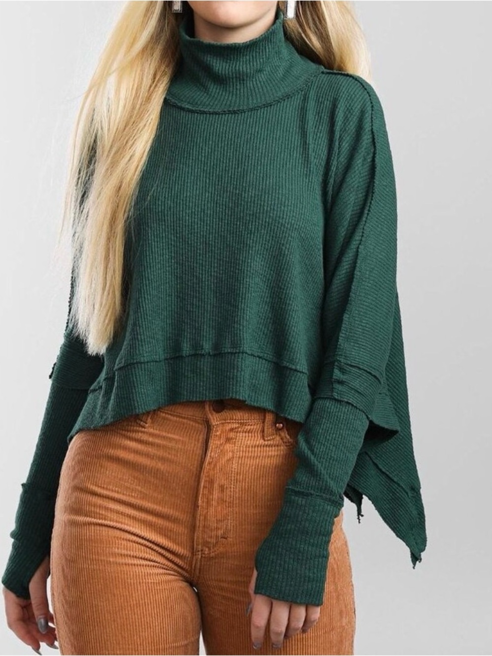 Free People We The Free Medium Green Waffle Knit Turtleneck Poncho Sweater